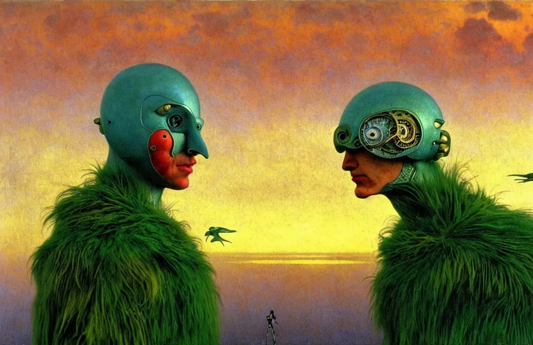 Image similar to realistic detailed portrait movie shot of a birdman wearing green leather coat, sci fi city sunset landscape background by denis villeneuve, amano, yves tanguy, alphonse mucha, ernst haeckel, max ernst, roger dean, masterpiece, rich moody colours, blue eyes