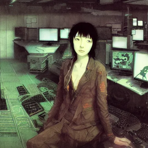 Prompt: portrait of lain iwakura, background room full of cables and computers by yoshitoshi abe, ruan jia and joao ruas, atmospheric, green and blue tones