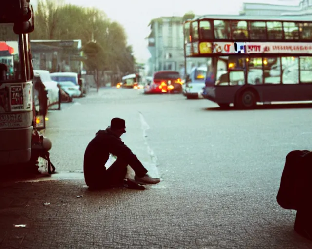 Prompt: a lomographic photo of russian lone man sitting in bus station at early evening in small town, cinestill, bokeh