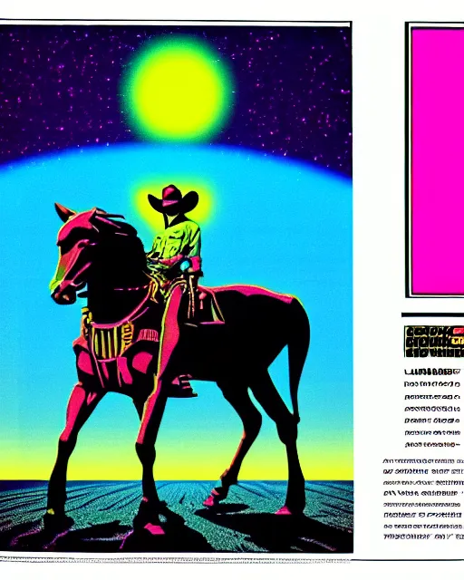 Image similar to laser disk cowboy, 1 9 8 0's magazine ad, vapor wave aesthetic