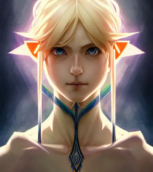 Image similar to symmetry ( link from legend of zelda close portrait ) ultra detailed, intricate, anime, dynamic lighting, digital art, digital painting, art station, wlop, sharp focus, illustration, art by artgerm and greg rutkowski and alphonse mucha