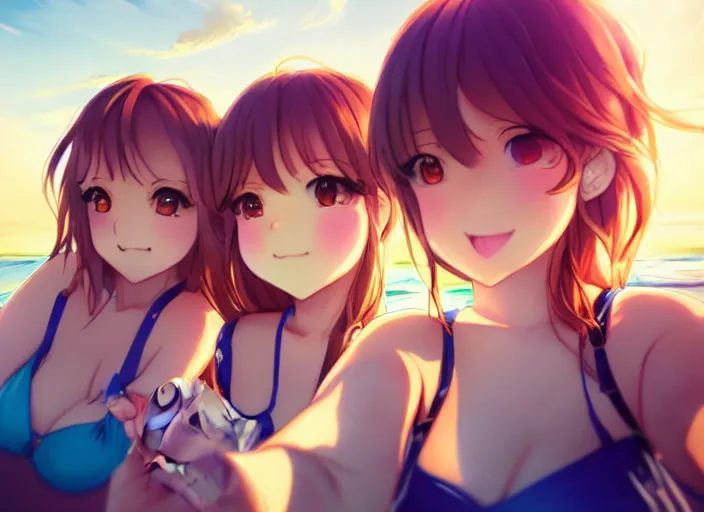 Prompt: polaroid of 4 anime girls taking a selfie on the beach, slice of life, highly detailed features, close up of face, golden hour, perfect art, trending on pivix fanbox, art by rossdraws, wlop, artgerm.