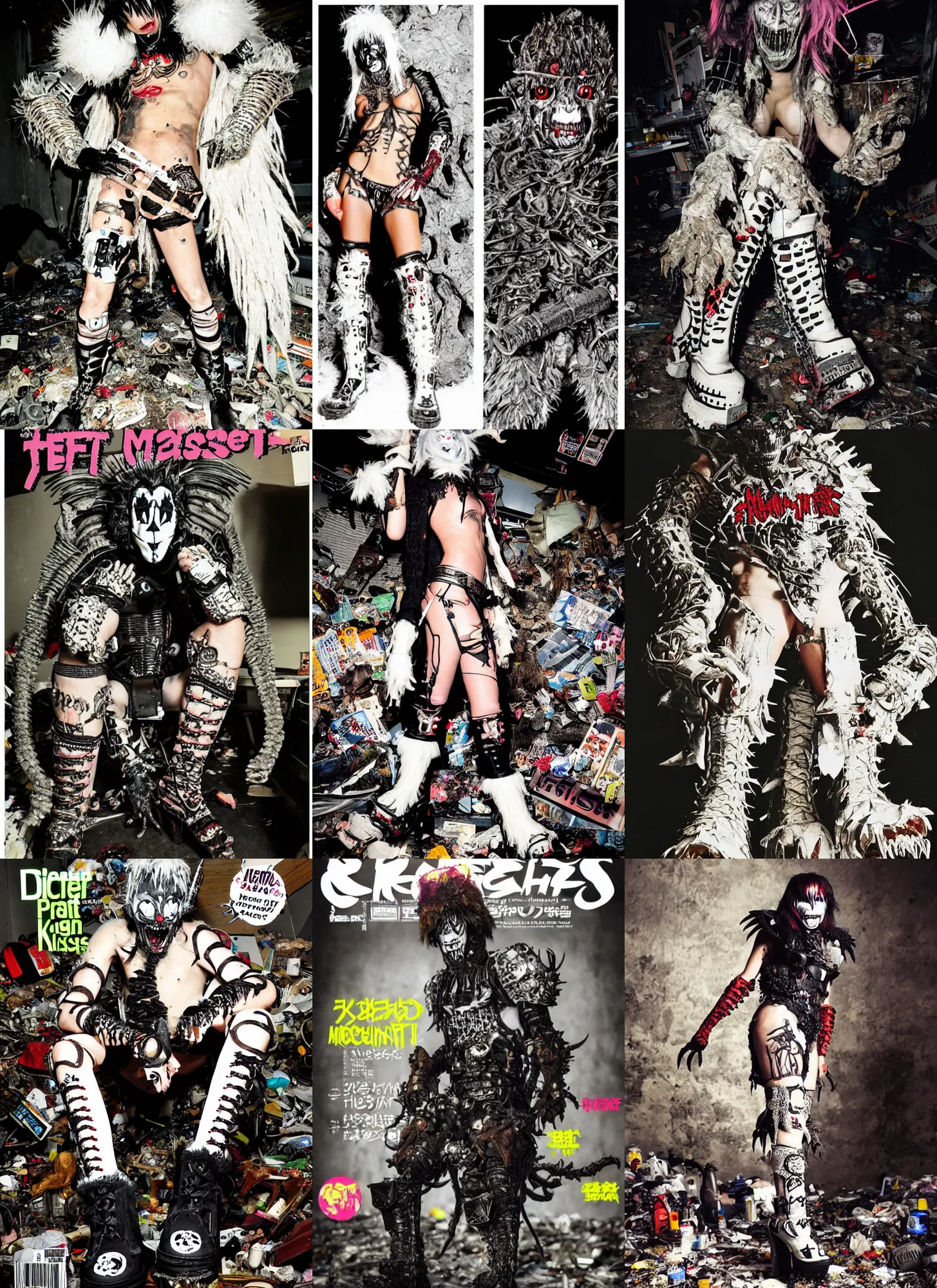 Prompt: photo of lace monster cyborg knight wearing ripped up dirty Swear kiss monster teeth yeti platform boots in the style of Ryan Trecartin in the style of 1990's FRUiTS magazine 20471120 in japan in a dirty dark dark dark poorly lit bedroom full of trash and garbage server racks and cables everywhere in the style of Juergen Teller in the style of Shoichi Aoki, japanese street fashion, KEROUAC magazine, Walter Van Beirendonck W&LT 1990's, Vivienne Westwood, y2K aesthetic