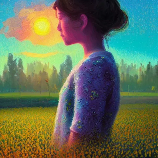 Prompt: girl with singular flower as a face, flower field, big trees, sunrise dramatic light, impressionist painting, colorful clouds, digital painting, pointillism, artstation, simon stalenhag