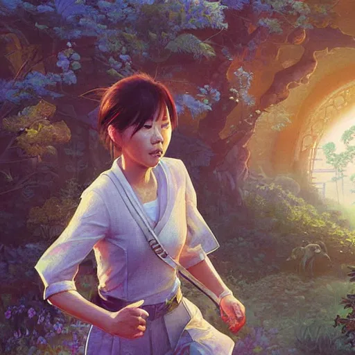 Image similar to portrait of a north korean woman running, an oil painting by ross tran and thomas kincade, studio ghibli