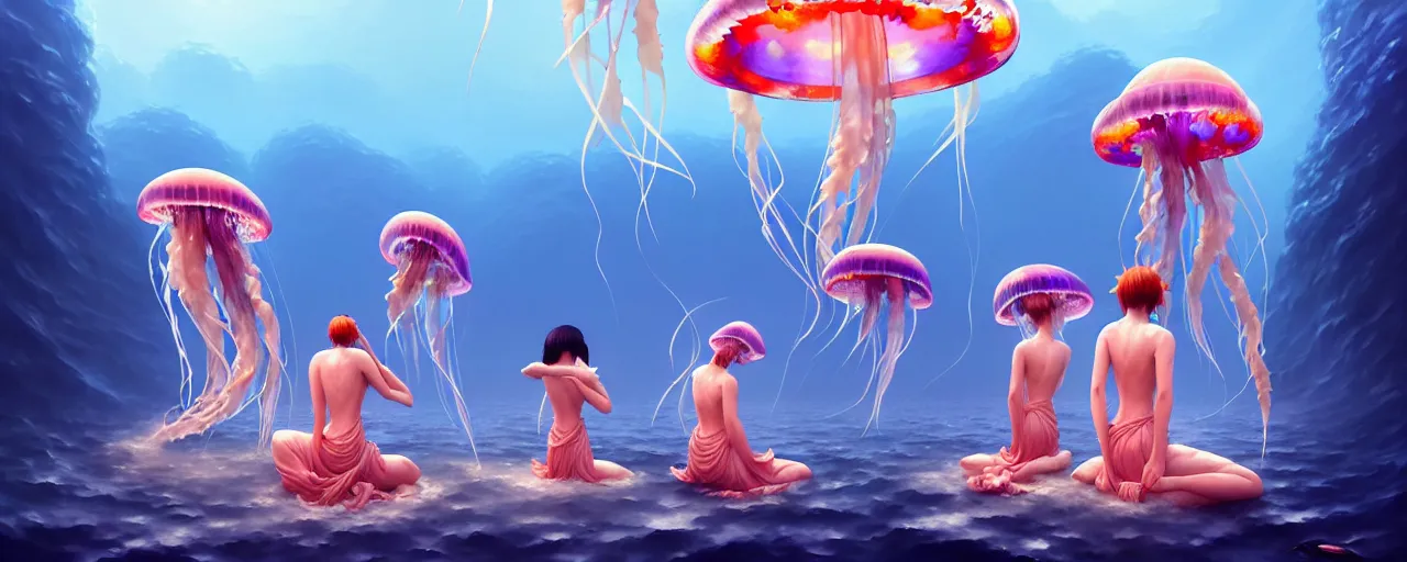 Prompt: A painting of shrine maidens worshipping at the jellyfish temple, shrouded in mist, jellyfish god, 8K, illustration, by ilya kuvshinov and Wojtek Fus and Justin Cheung and ArtGerm and Stéphane Roux, smoke, undersea temple with fish, cinematic, insanely detailed and intricate, hypermaximalist, elegant, super detailed, award-winning, chartreuse and orange and cyan, mysterious, ancient, ritual, ethereal, trending in cgsociety, artstation HQ, ornate, elite, haunting, matte painting, beautiful detailed, insanely intricate details, artstation trending