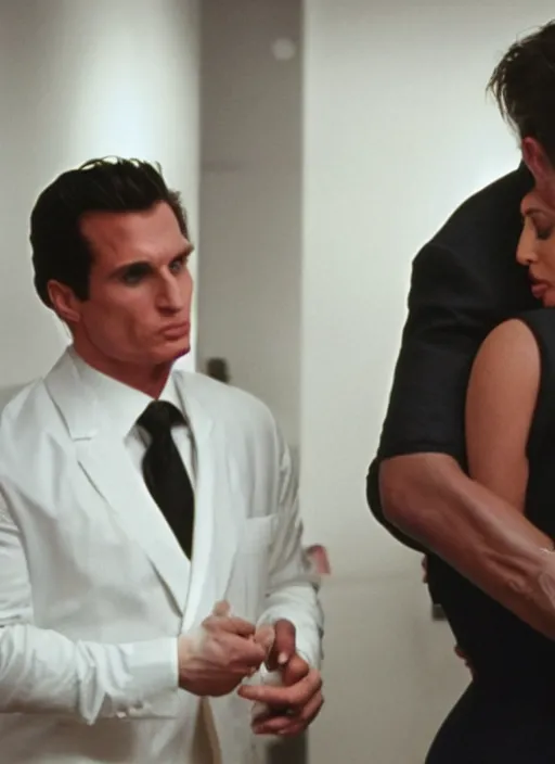 Prompt: film still of kim kardashian hugging Patrick Bateman in American Psycho.