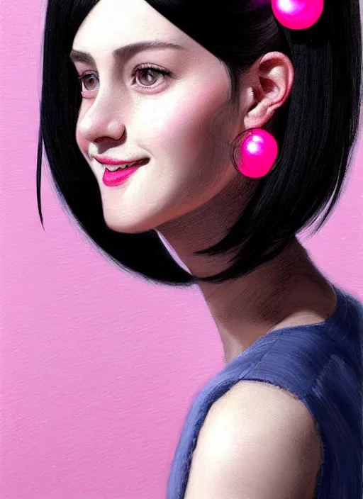 Image similar to portrait of high school girl, realistic, black hair, bangs, half updo hairstyle, pointy nose, skinny, smile, ugly, defined jawline, big chin, pink hair bow, earrings, intricate, elegant, glowing lights, highly detailed, digital painting, artstation, sharp focus, illustration, art by wlop, mars ravelo and greg rutkowski