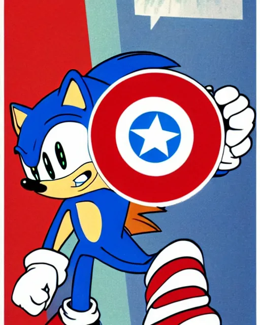 Prompt: sonic the hedgehog with captain america's shield promoting the fight against eggman propaganda poster, american propaganda