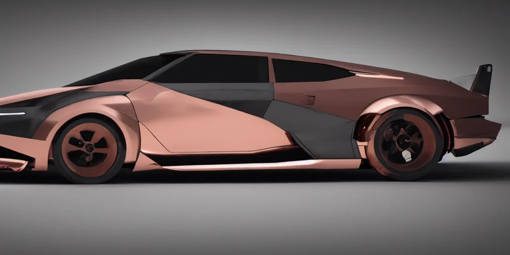 Prompt: a design of a futuristic DMC Delorian, designed by Polestar, blade runner background, back view, rose copper car paint with white line accent detailing, black windows, sportscar, black show room, dramatic lighting, octane rendering, unreal engine rendering, hyper realistic render, depth of field, octane rendering