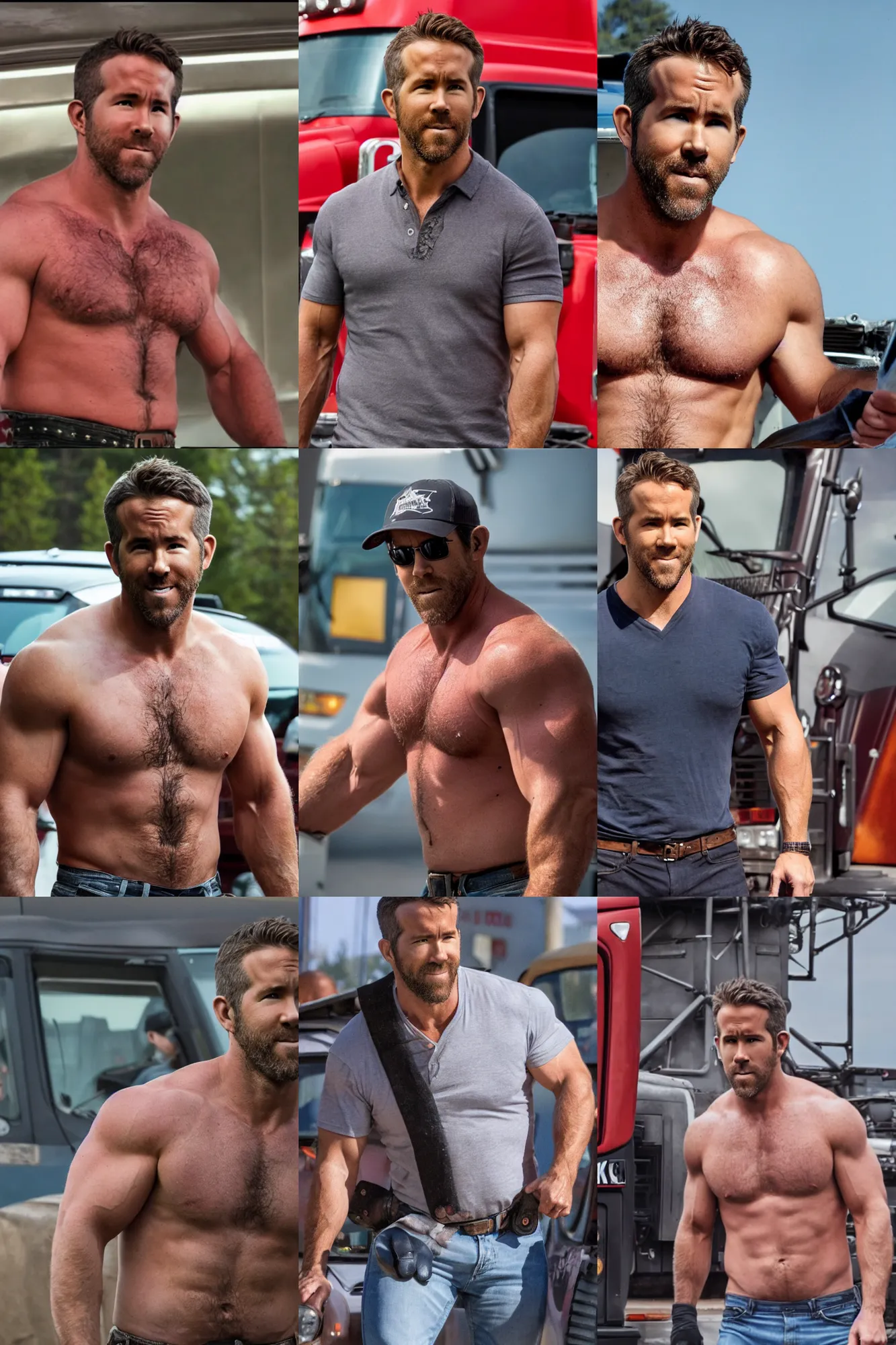 Prompt: ryan reynolds as a big burly strongman trucker, 4 k hd