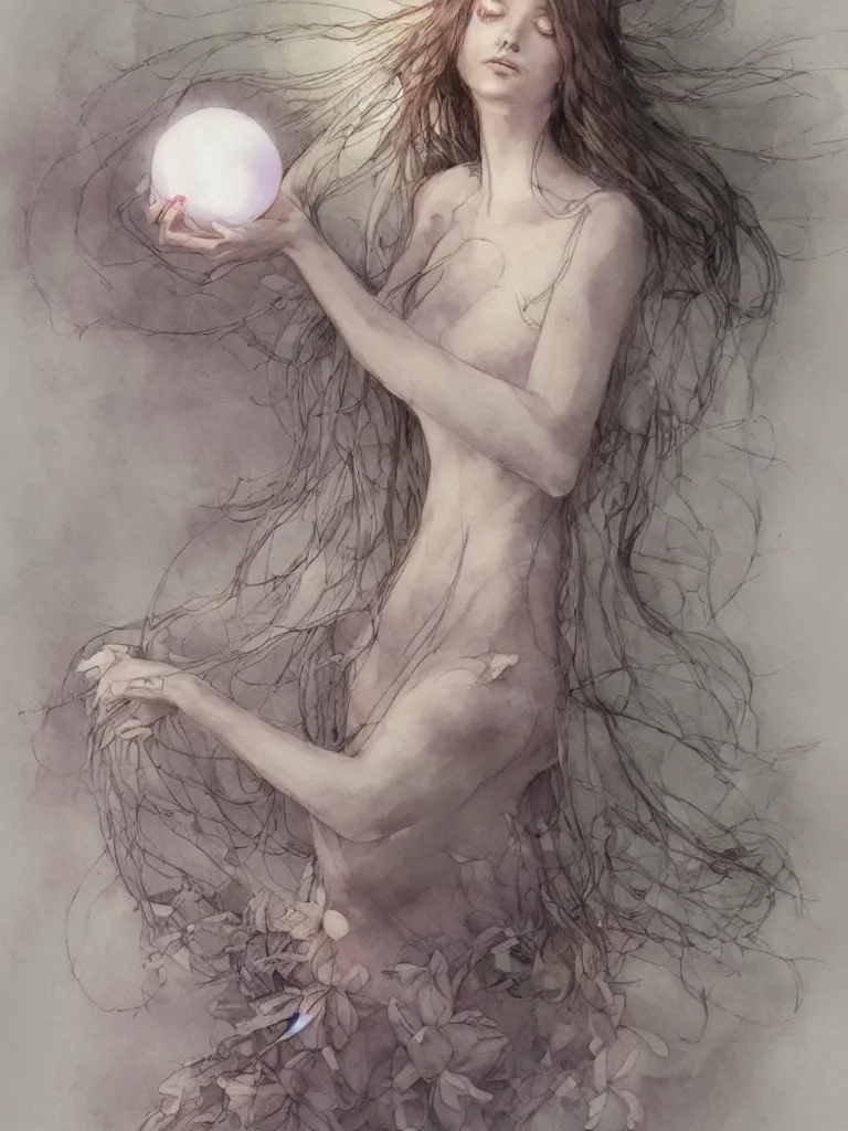 Image similar to study of a flower fairy, holding glowing white orb in hands, illustration, watercolor, alan lee, detailed, pretty, ethereal, realistic, refined, beautiful, artstation,