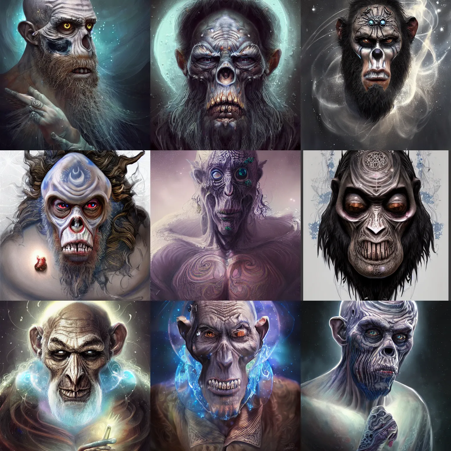 Image similar to a wlop 3 d render of very very very very highly detailed beautiful mystic portrait of a phantom undead mage ape with whirling galaxy around, tattoos by anton pieck, intricate, extremely detailed, digital painting, artstation, concept art, smooth, sharp focus, illustration, intimidating lighting, incredible art,