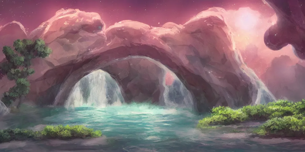 Image similar to a cell - shaded studio ghibli concept art study of an arizona rock arch time portal in a flooded desert on a misty starry night. a waterfall is flowing out of the portal. very dull colors, hd, 4 k, hq