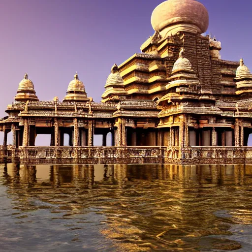 Image similar to 4 k unreal engine render of an ancient never seen before indian high detail palace and temple islands. complex architecture with intricate aetheral pilars. high detailed water. jungle background. afternoon light. hyper realistic render, digital illustration, trending on art station