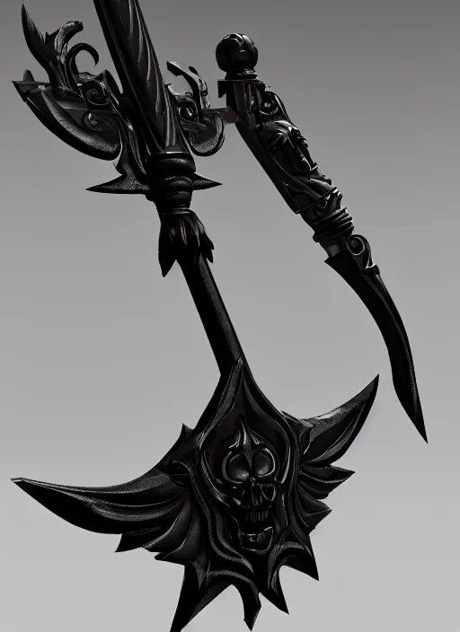 Image similar to a black long sword skull crest, orthographic, ornament, weapon, a 3 d render by dom qwek, front side views full, trending on polycount, artstation, hard surface modeling, rendered in maya, 3 ds max, blender, hd, vray