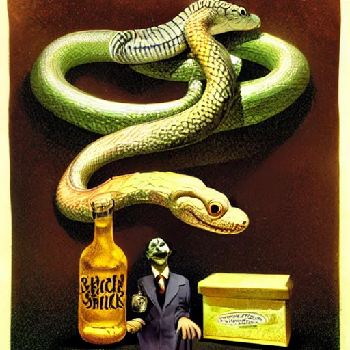 Prompt: a grinning anthropomorphic snake selling bottles of medicine, fantasy, dave mckean