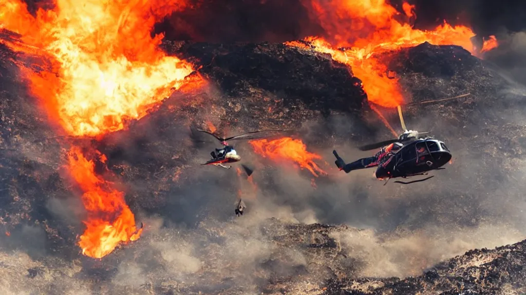 Image similar to person wearing a sponsored team jersey with logos jumping out of a helicopter with a surfboard into a volcano, action shot, dystopian, thick black smoke and fire, sharp focus