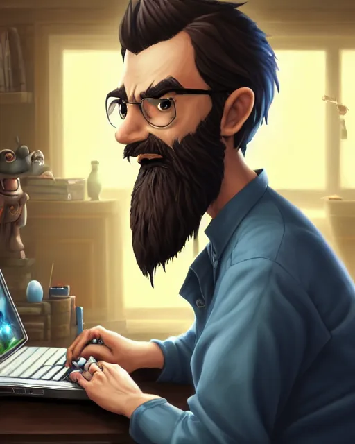 Prompt: An epic fantasy comic book style portrait painting of a man, , light brown piercing eyes, stubble beard, long face, brown medium hair, wearing a dark blue shirt and black pants, blue rimmed glasses, working on a laptop at a desk, character design by Mark Ryden and Pixar and Hayao Miyazaki, unreal 5, DAZ, hyperrealistic, octane render, cosplay, RPG portrait, dynamic lighting, intricate detail, summer vibrancy, cinematic