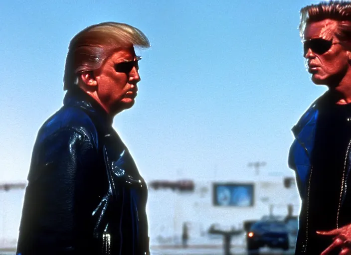 Prompt: donald trump stars in terminator 2 ( 1 9 9 1 ) shot on arriflex 3 5 bl 4, zeiss super speed and cooke varotal lenses