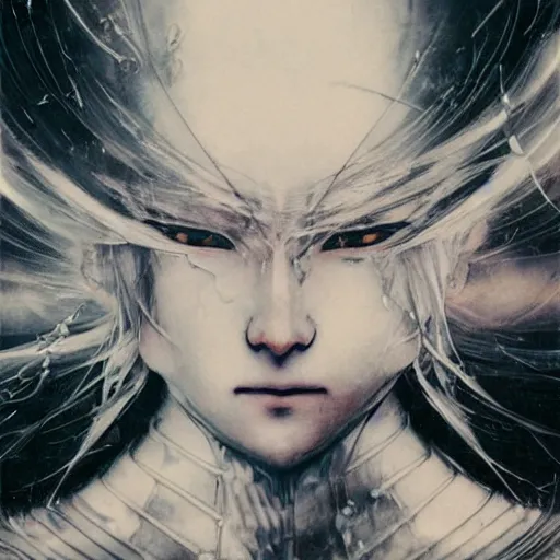 Image similar to Yoshitaka Amano blurred and dreamy illustration of an anime girl with a pirate eye patch, wavy white hair and cracks on her face wearing elden ring armour with the cape fluttering in the wind, abstract black and white patterns on the background, noisy film grain effect, highly detailed, Renaissance oil painting, weird portrait angle
