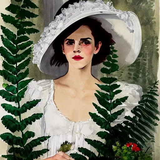 Image similar to painting hanging on wall full body fashion model emma watson by Winslow Homer smokey eyes makeup eye shadow fantasy, glow, shimmer as victorian woman in a long white frilly lace dress and a large white hat having tea in a sunroom filled with flowers, roses and lush fern flowers ,intricate, night, highly detailed, dramatic lighting , high quality