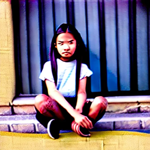 Image similar to a potrait of young girl sitting down infront of her big school, photorealistic, kodak 4 0 0, award winning photography