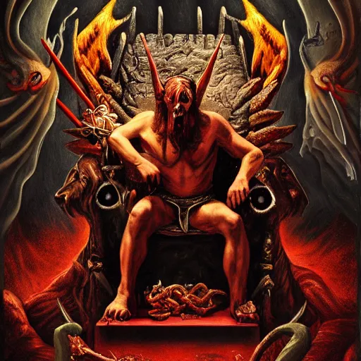 Image similar to Satan takes his seat on the throne of the underworld, hyperrealistic, dark fantasy art, renaissance painting, high detail, ultra hd, 4k, dungeons and dragons, heavy metal