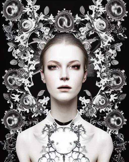 Image similar to monochrome profile portrait painting, dutch masters, silver lace floral steampunk biomechanical beautiful young female cyborg with one techno eye, monocular, volumetric light, leaves foliage and stems, hibiscus flowers, alexander mcqueen, rim light, big gothic fashion pearl embroidered collar, 8 k