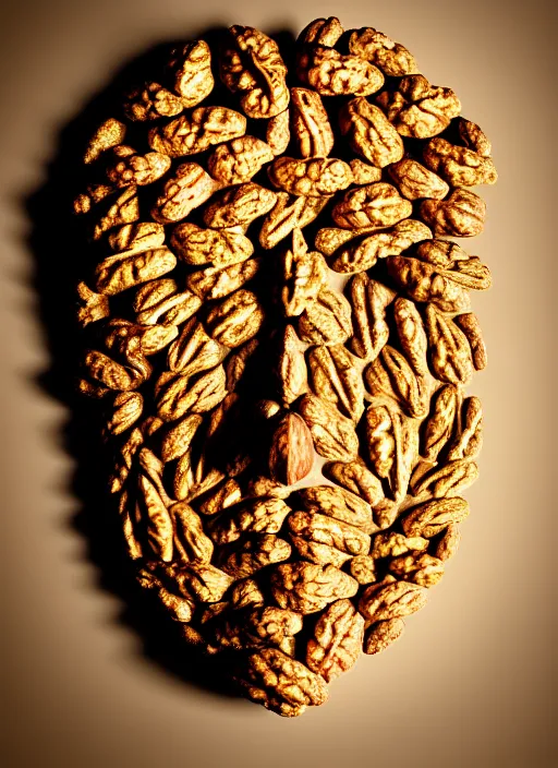 Image similar to face made of walnuts, sharpfocus, photorealism, soft diffuse autumn lights, some sun light ray, dark room wall, canon 5 d 5 0 mm lens