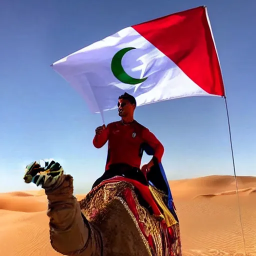 Image similar to cristiano Ronaldo holding the Moroccan flag while riding a camel in the desert