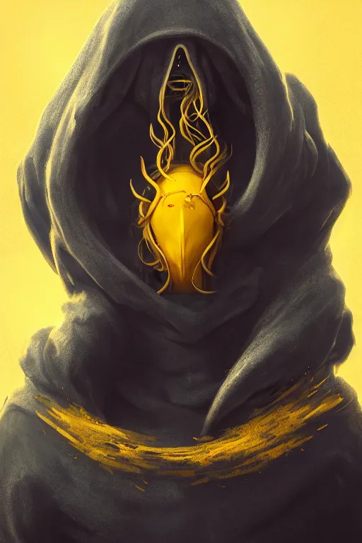 Image similar to A full body portrait of a mysterious character with no face with a very long hooded yellow cloak, a golden crown floating above his head tentacles coming out the ground art by Maciej Kuciara and Jason Chan, ominous, cosmic horror, trending on artstation, Ultra detailed, hyper realistic 4k