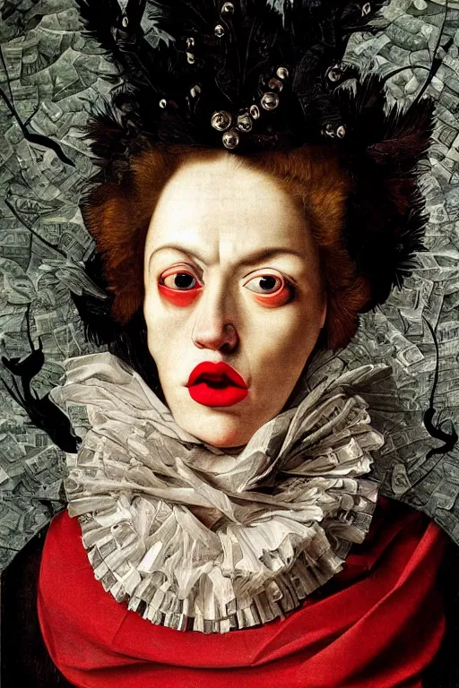 Prompt: Detailed maximalist portrait with large lips and with large pure white eyes, sad, exasperated expression, HD mixed media, 3D collage, highly detailed and intricate illustration in the style of Caravaggio, dark art, baroque