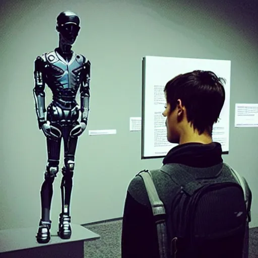 Image similar to “a realistic detailed photo of a guy who is an attractive humanoid who is half robot and half humanoid, who is a male android, actor Grant Gustin, shiny skin, posing like a statue, blank stare, at the museum, on display”