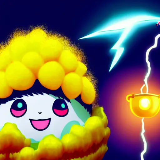 Prompt: kawaii wacky fluffy popcorn with lightning bolt power, yokai, in the style of a mamashiba, with a yellow beak, with a smiling face and flames for hair, sitting on a lotus flower, white background, simple, clean composition, symmetrical