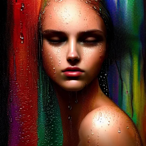 Image similar to dramatic asthetic portrait of revelation in uniquely colored rain with wet hair and face, liquid drops, epiphany, bliss, fantasy, intricate, elegant, dramatic lighting, highly detailed, lifelike, photorealistic, digital painting, artstation, concept art, smooth, sharp focus, illustration, art by John Collier and Albert Aublet and Krenz Cushart and Artem Demura and Alphonse Mucha