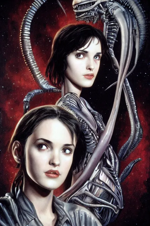 Image similar to beautiful young winona ryder from alien with xenomorph by h.r. giger, detailed, proportional, trending on art station, 4k