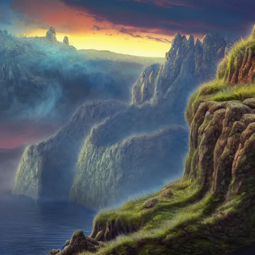 Image similar to basalt cliffs and mountains, floating islands fantasy landscape, high detail, fantasy art, concept art, 4 k, ultra detail, computer art