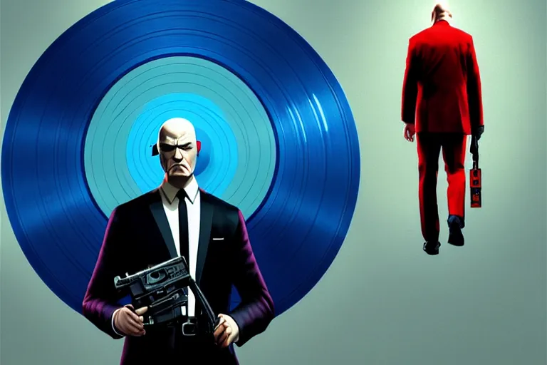 Image similar to an expressive portrait of agent 4 7 from hitman wearing headphones and holding a handgun in front of a wall of vinyl records, blue rim light, digital art, artstation, art by giger stalenhag