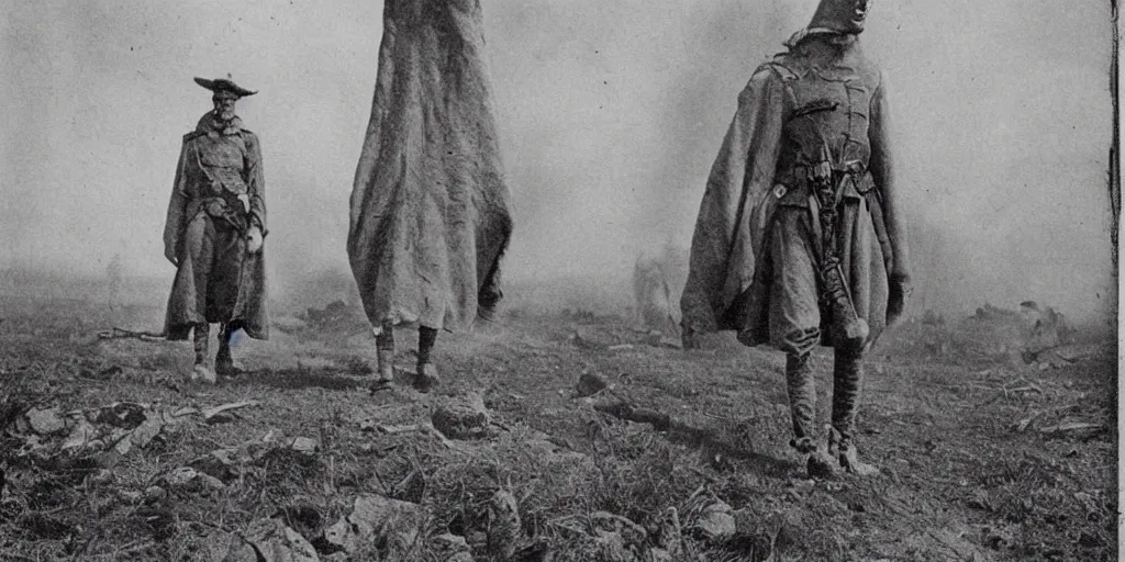 Image similar to scary unproportionable tall ghost creature in the middle of a battlefield, 1900s picture