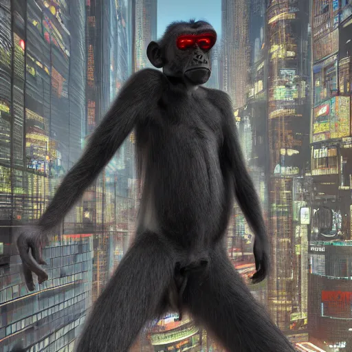 Image similar to Photography of ultra mega super hyper realistic detailed monkey by Hiromasa Ogura wearing cyberpunk style suit . Photo made from 30 meters distance on Leica Q2 Camera, Rendered in VRAY and DaVinci Resolve and MAXWELL and LUMION 3D, Volumetric natural light. Wearing cyberpunk suit with many details by Hiromasa Ogura .Rendered in VRAY and DaVinci Resolve and MAXWELL and LUMION 3D, Volumetric natural light