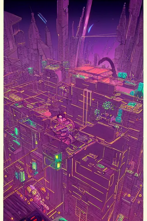 Image similar to astronaut cyberpunk surreal upside down city neon lights by moebius, Jean Giraud, trending on artstation