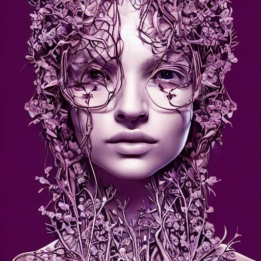 Image similar to the portrait of an incredibly beautiful woman made of potatoes roots and violets, an ultrafine detailed illustration by james jean, final fantasy, intricate linework, bright colors, behance contest winner, vanitas, angular, altermodern, unreal engine 5 highly rendered, global illumination, radiant light, detailed and intricate environment