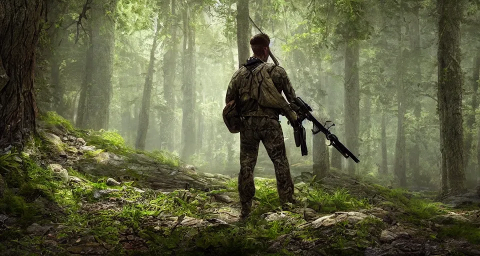 Image similar to A beautiful hyper realistic ultra detailed lifelike matte painting of a hunter in a forest aiming with his rifle, unreal engine, deviantart, flickr, artstation, octane render, textured, colorful, extreme realistic detail, physically based rendering, pbr render, very detailed, volumetric lighting, detailed lighting, octane render, 4k, cinematic lighting, 8k resolution