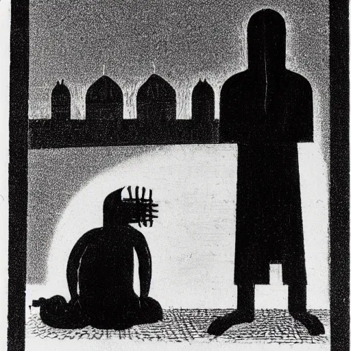 Prompt: the photograph shows a the large, black - clad figure of the king looming over a small, defenseless figure huddled at his feet. the king's face is hidden in shadow, but his menacing stance and the large, sharp claws on his hands make it clear that he is a dangerous and powerful creature. by kazimir malevich exciting, brightvibrant