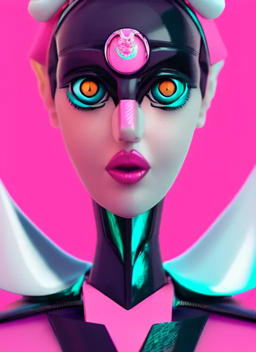 Image similar to symmetry!! portrait of a sailor moon, futuristic, dark, highly detailed, 8 0 - s style colors, sharp focus, octane render, vinyl design toy, realistic photo, studio green light on pink background