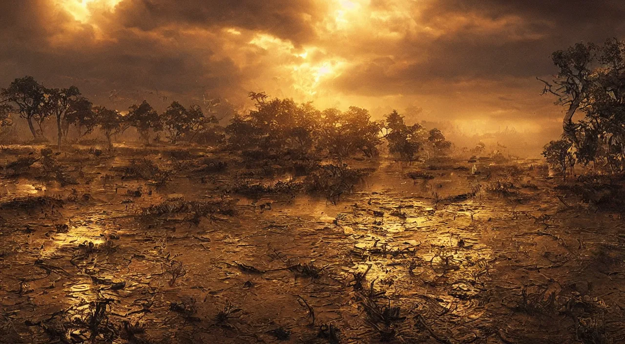 Prompt: The last rain on earth, hyper detailed photorealistic, golden hour