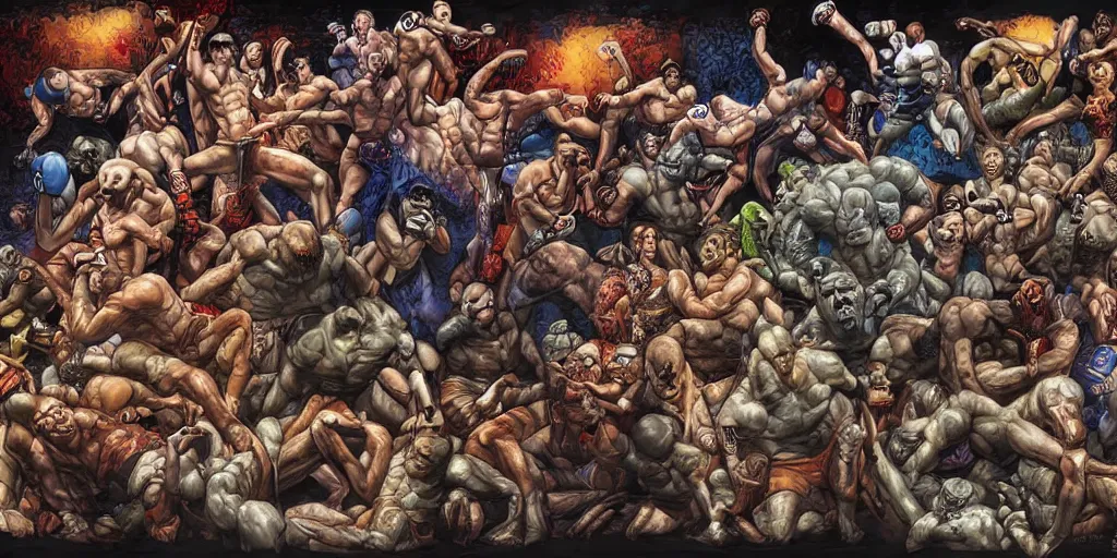 Image similar to digital painting of monsters doing mixed martial arts, by michael whelan, highly detailed, collage of styles, mix of styles, intricate, ghost in the shell color scheme, mma, boxing, kickboxing, masterpiece, golden ratio