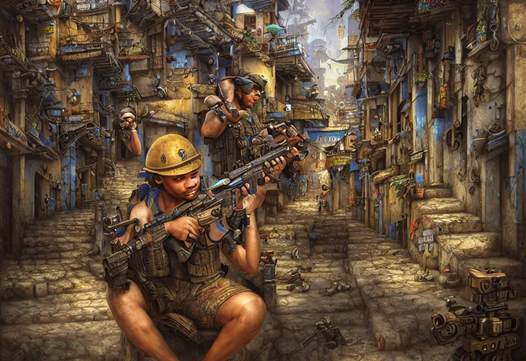 Image similar to photorealistic favela rio with precise rendered guns with intricate details of gun, happy atmosphere close view by Justin Gerard