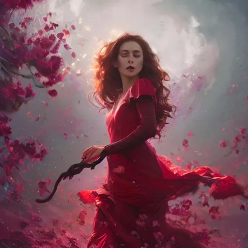 Image similar to faceless scarlet witch in a swirling sundress of flowers, floral explosion, radiant light, vortex of plum petals, oil painting, Tooth Wu, Greg Rutkowski, RPG portrait, dynamic lighting, fantasy art, High contrast, depth of field